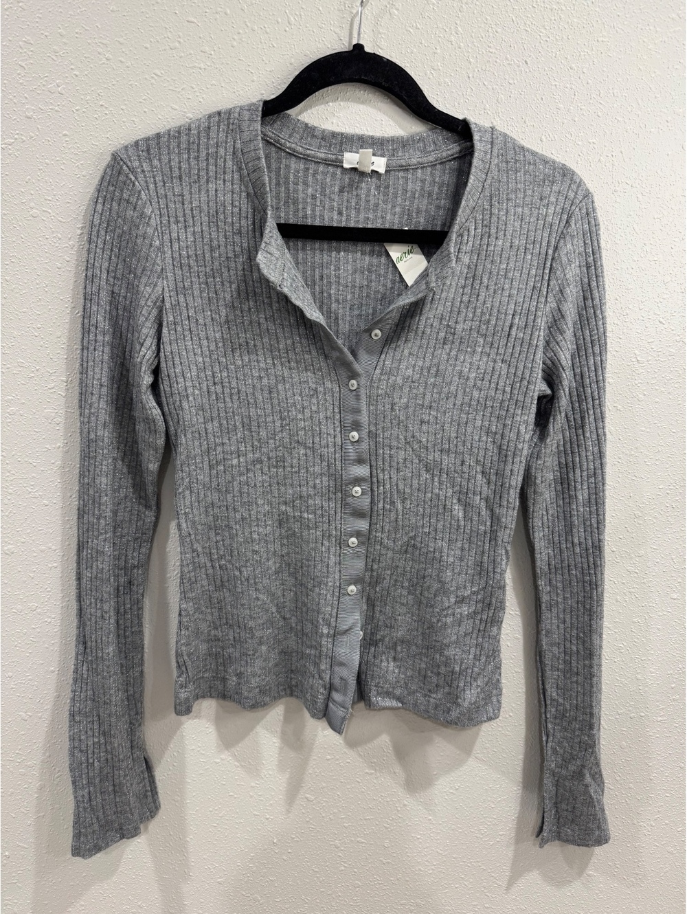 Aerie Gray Metallic Shimmer Ribbed Button Front Cardigan Y2K Style Size S.